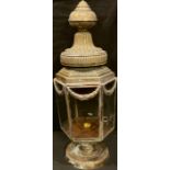 A late 19th century brass stair post lantern, of hexagonal form, fluted globular finial, 55cm