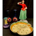 A pair of Moorcroft Anemone pattern vases; a Continental figure, the Masquerade; a Foley Pastello