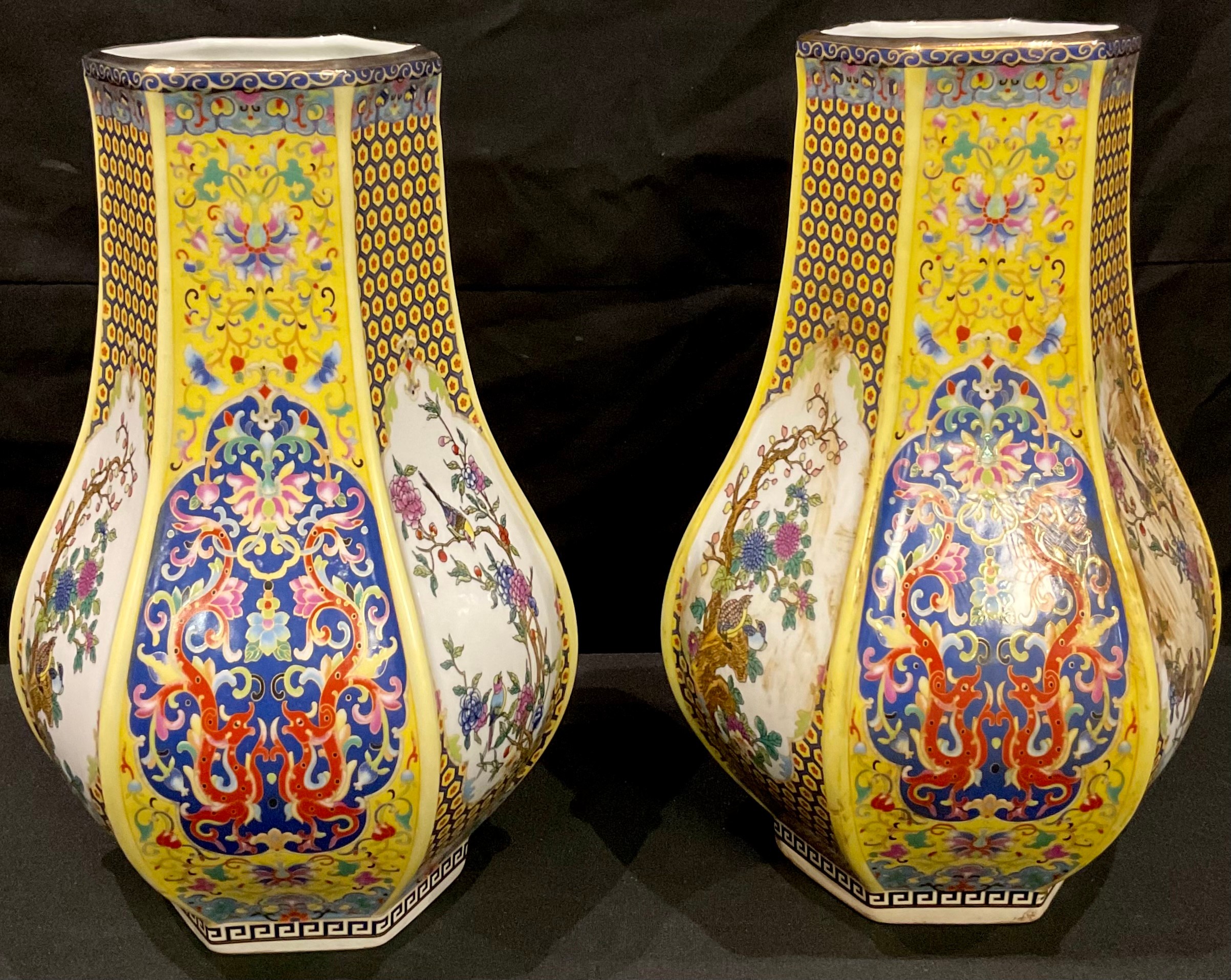 A pair of Chinese export ware printed polychrome hexagonal baluster vases, decorated with