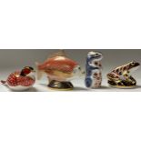 A Royal Crown Derby paperweight, Carp, silver stopper, second; three others, Chipmunk, Frog,