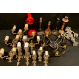 Lighting - a collection of brass wall lights; oak table lamps; a horseshoe chandelier; etc