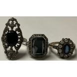 A 9ct gold dress ring, set with paste stones, size N, 3g; two silver marcasite rings, 8g (3)