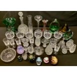 Glassware - a Stourbridge type green glass pedestal bowl; Murano type glass vases; paperweights