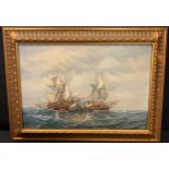 J Harvey Naval Battle signed, oil on canvas, 60cm x 90cm
