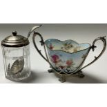 A George V silver mounted cut glass preserve jar, 11cm, Sheffield 1913; an EPNS mounted George Jones
