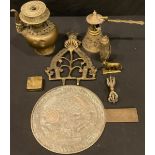 Asian Art - a Japanese bronze mirror, 34cm high; Tibetan brass Vajra; a brass sprinkler; etc