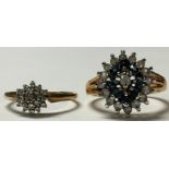 A 9ct gold diamond cluster ring; a gold coloured metal cluster ring (2)