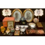 Boxes and Objects - a pair of French face screens; a painted dressing table box; a studded peach