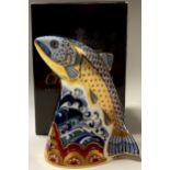 A Royal Crown Derby paperweight, Leaping Salmon, Sinclairs exclusive, gold stopper, boxed
