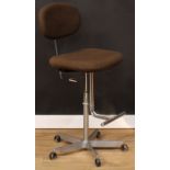 A draughtsman’s swivel office drafting chair, 111cm high, 52cm wide, the seat 40cm deep