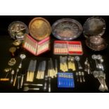 Metalware - three silver teaspoons; a set of six fish knives and forks, oak cased; another set