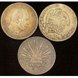 Silver crown-sized coins, foreign issues: Mexico 8 Reales 1884 AVF, another 1887 AEF toned, also