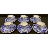 A set of six Royal Crown Derby Mikado pattern teacups, saucers and tea plates, gilded edges,