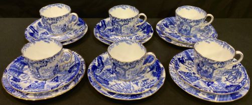 A set of six Royal Crown Derby Mikado pattern teacups, saucers and tea plates, gilded edges,
