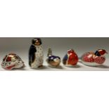 A Royal Crown Derby paperweight, Rockhopper Penguin, silver stopper, second; three others, Robin,