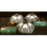 A set of three French Art Nouveau style verdigris patinated cast metal hexagonal ceiling lights,