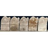 A set of five garden edging stones, in concrette, of Gothic form, 38cm high **Please note that