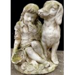 A garden fountain, moulded with a girl seated with her hound, 56cm high **Please note that some of