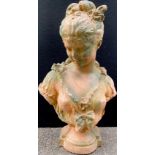 A weathered composite terracotta effect bust, as a Maiden, 67cm high, 39cm wide **Please note that