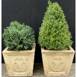 A pair of tapering square garden urns, moulded with Prince of Wales Feathers, 32cm high, planted