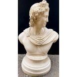 A contemporary composite marble effect bust, Belvedere Apollo, integral socle, 52cm high, 35cm