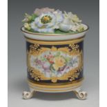 A Lynton porcelain cylindrical bough pot and cover, painted by Stefan Nowaki, signed, with colourful