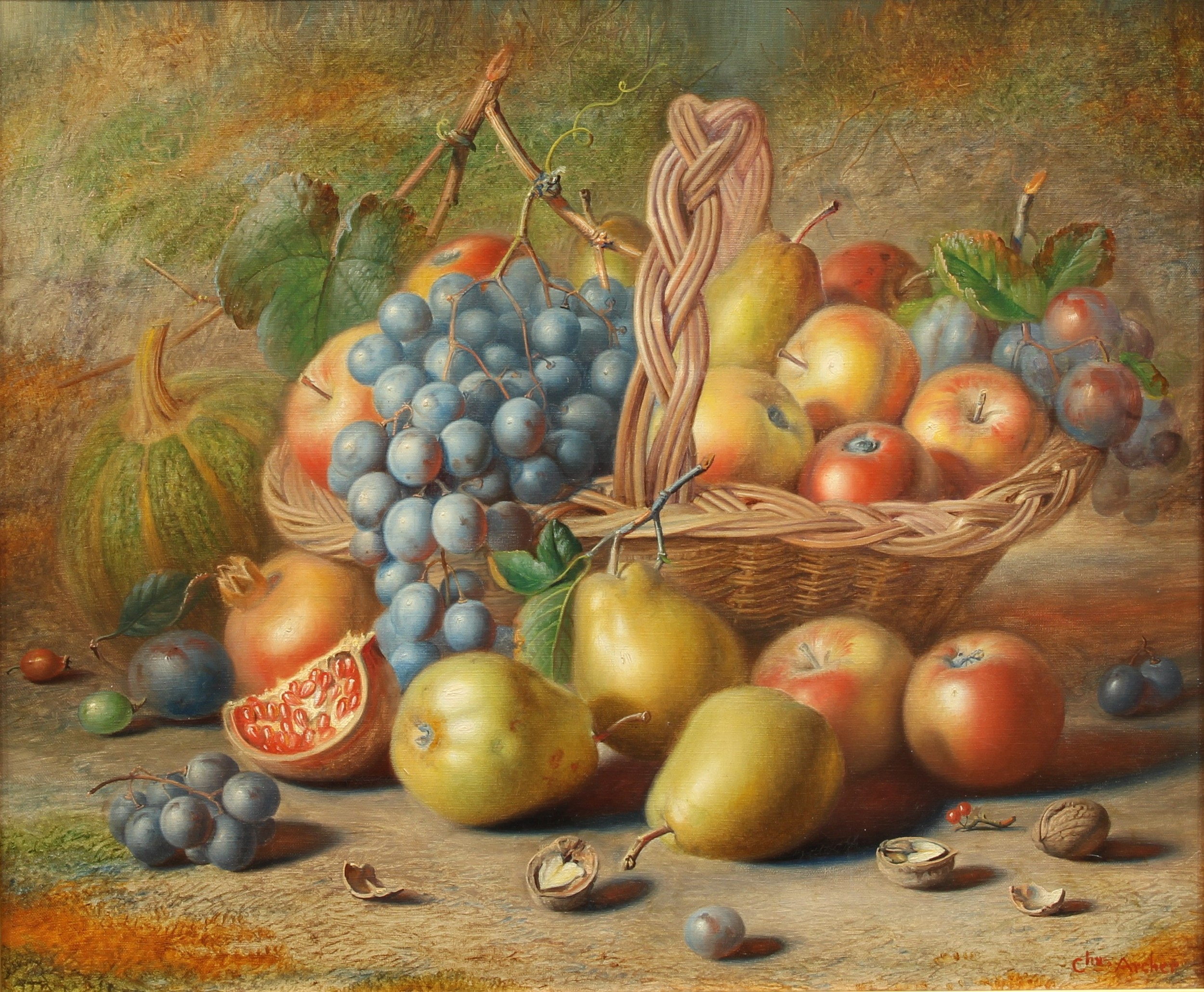 Charles Archer (1855-1931) Still Life, Ripe Fruit in a Basket on a Ledge signed, oil on canvas, 51cm