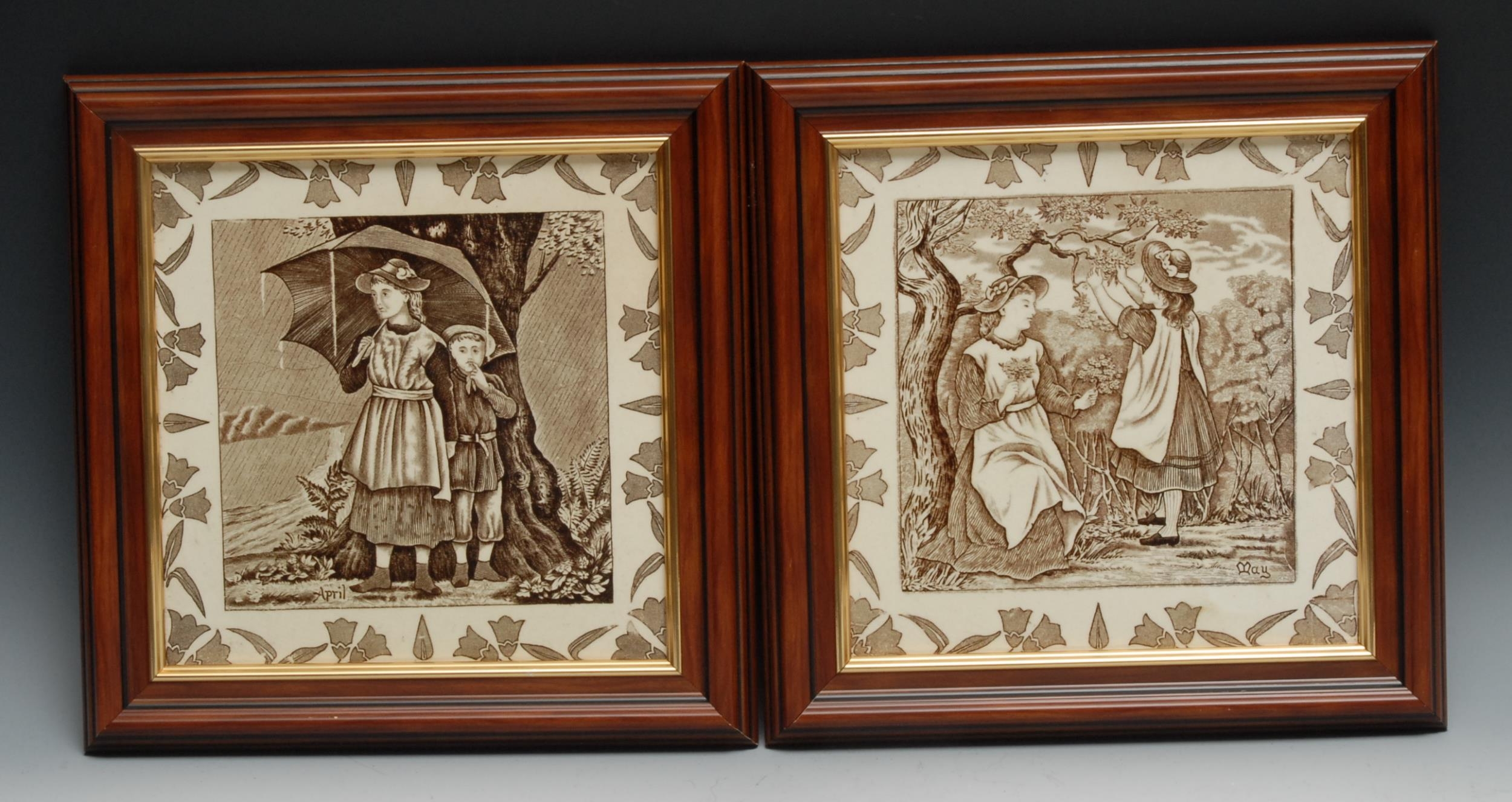Eight Wedgwood Months tiles designed by Helen J Miles, printed in sepia on a cream ground,