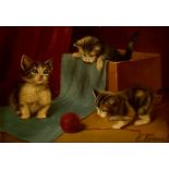 Alicia J Leman (1853 - 1920) Playtime, Kittens with a Ball of Wool signed, oil board, 12cm x 17cm