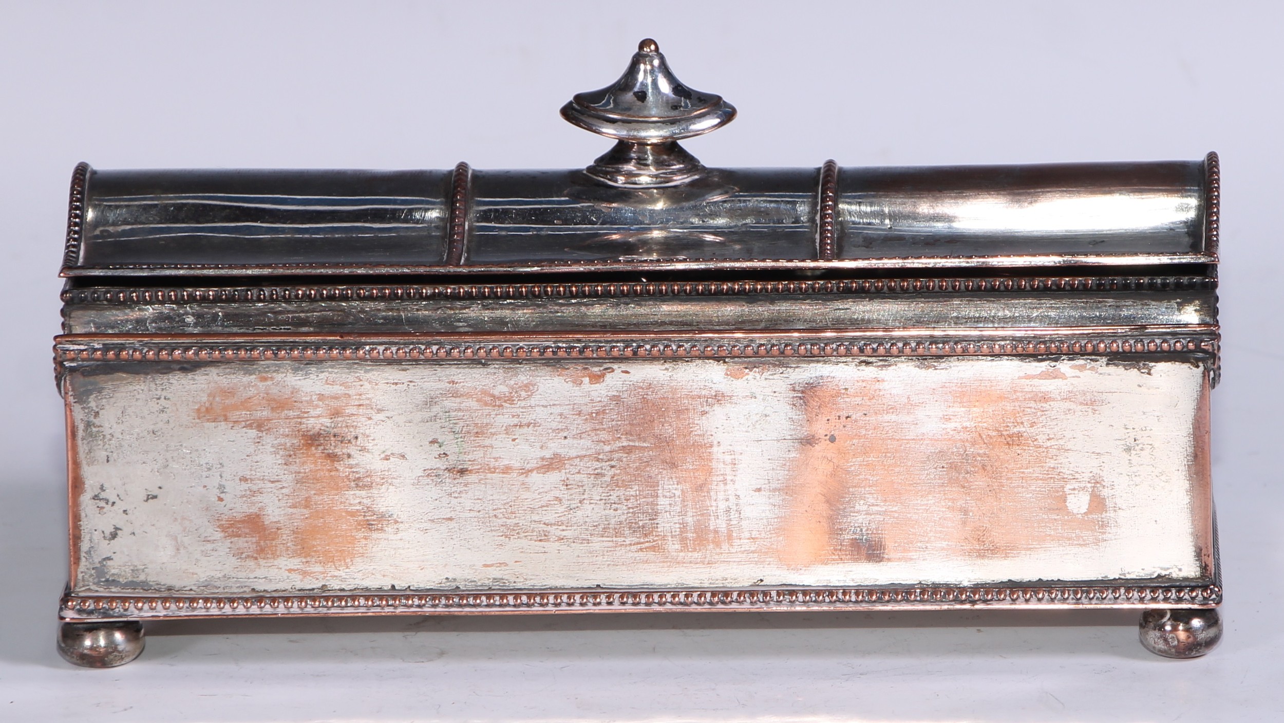 A George III Old Sheffield Plate treasury inkstand, hinged serpentine cover with Neo-Classical urn