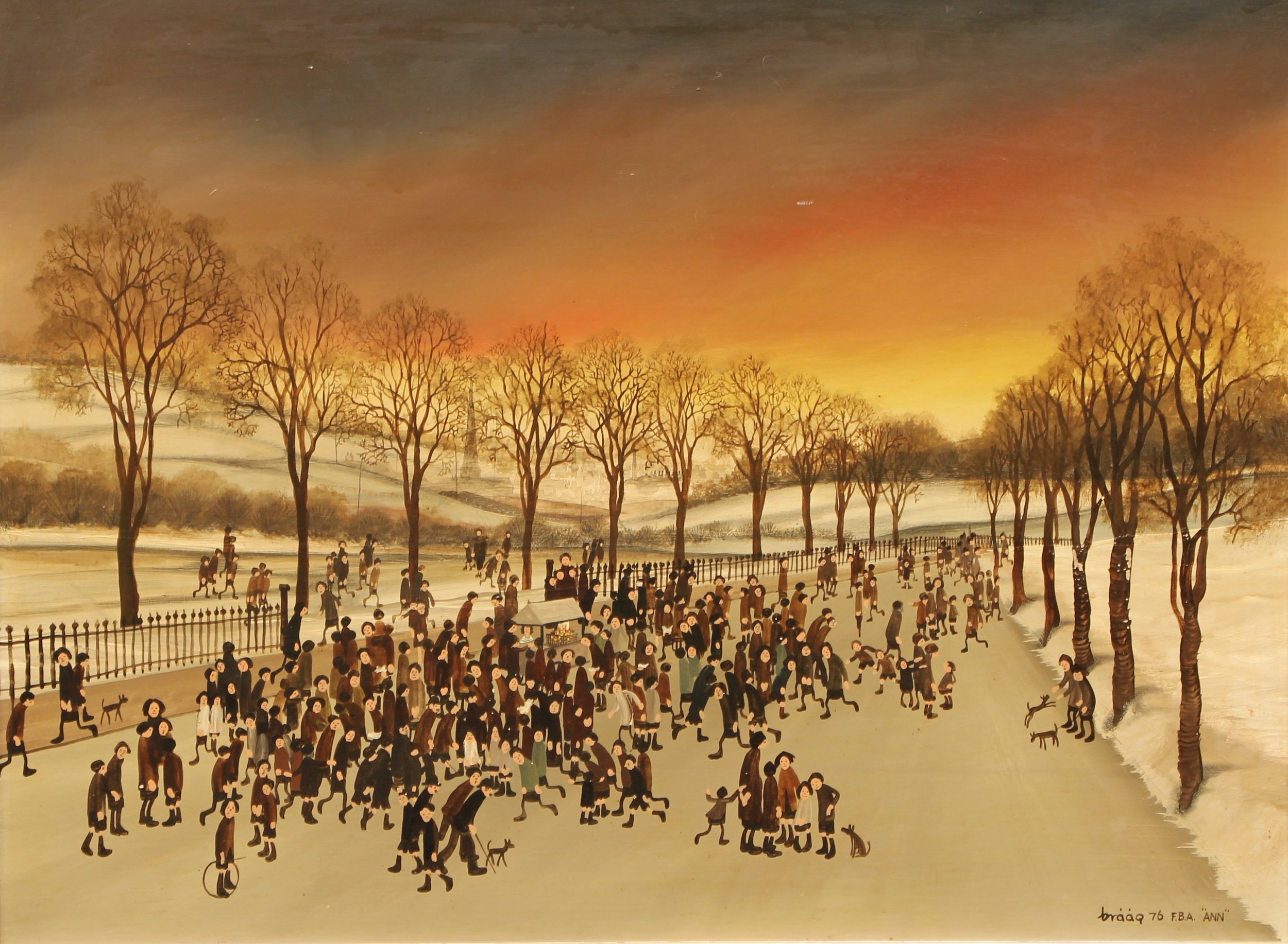 Braaq (Brian Shields) (1951-1997) Bustling Park signed, inscribed and dated 'braaq 76 F.B.A. “