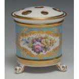 A Lynton porcelain cylindrical bough pot and cover, painted by Stefan Nowaki, signed, with colourful