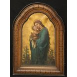 B Budde (19th century) Pre-Raphaelite Madonna and Child signed, oil on canvas, arched, 48cm x 29.