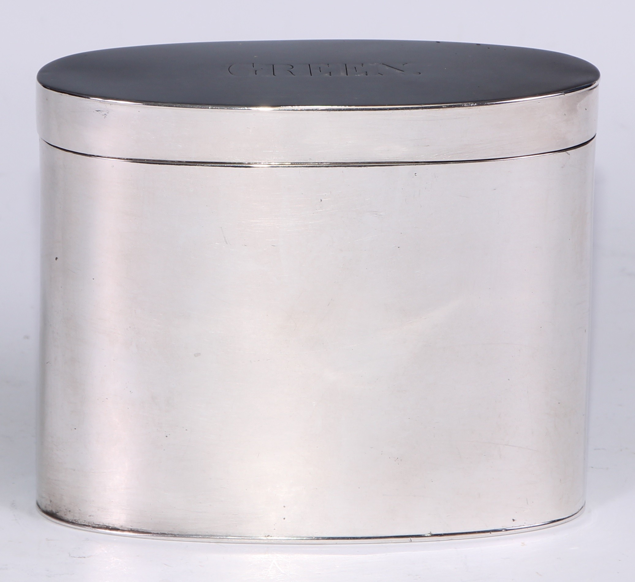 An 18th century Austrian silver oval tea caddy, hinged cover inscribed Green, 12.5cm wide, maker