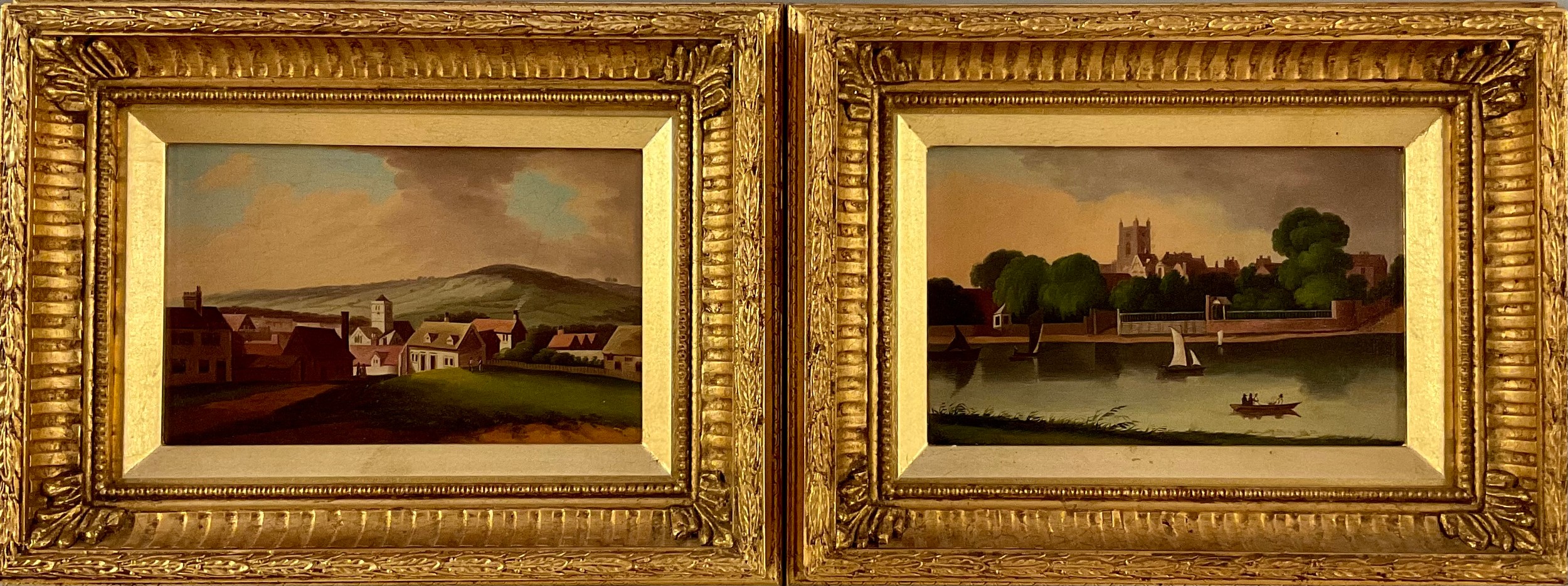 English School (19th century) A pair, Boating and a Stroll Around the Village oil on canvas, 12cm