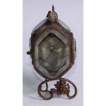 A 19th century French gilt metal vitrine pocket watch stand, bevelled glass panels, deep-buttoned