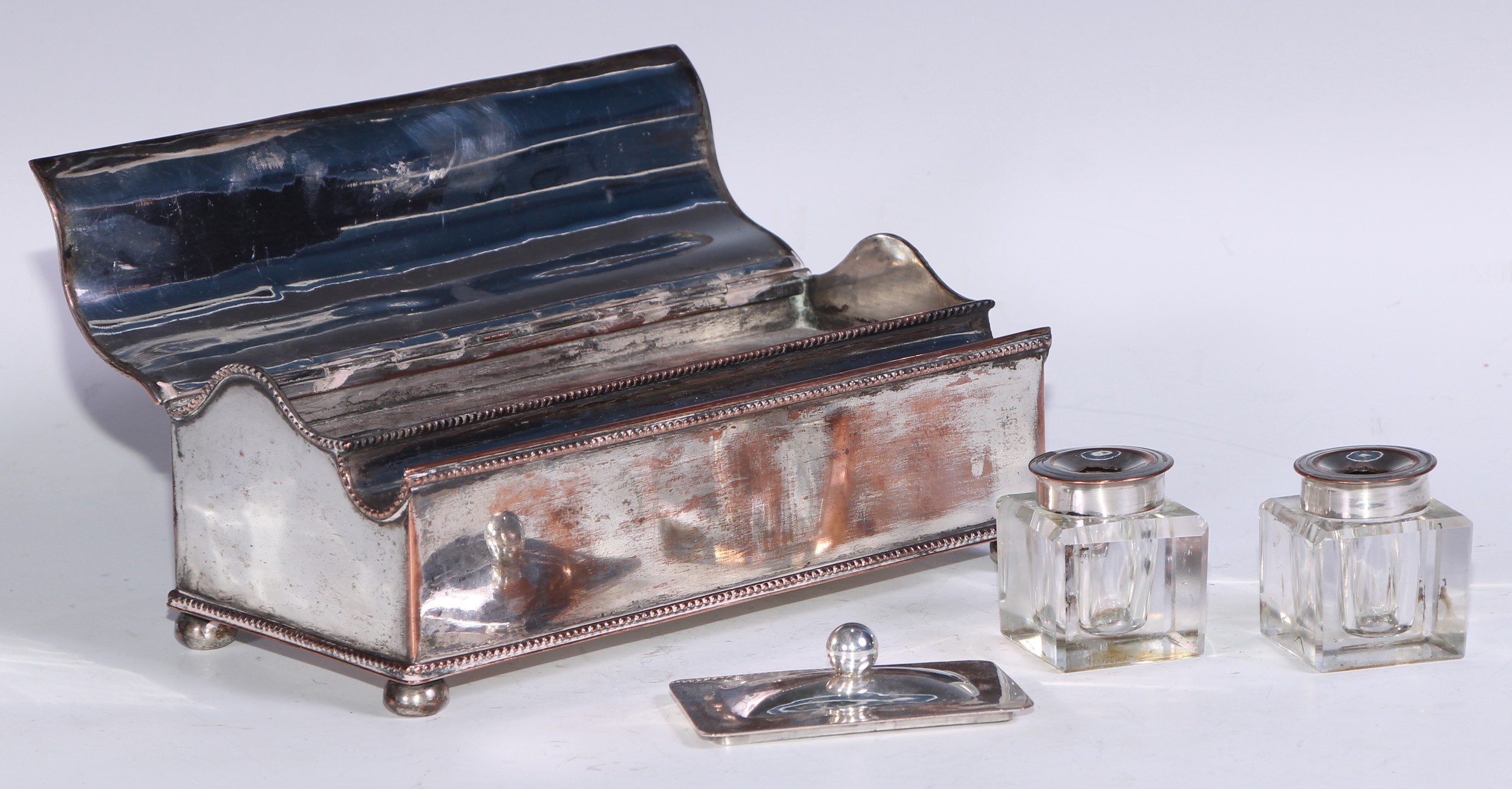 A George III Old Sheffield Plate treasury inkstand, hinged serpentine cover with Neo-Classical urn - Image 6 of 6