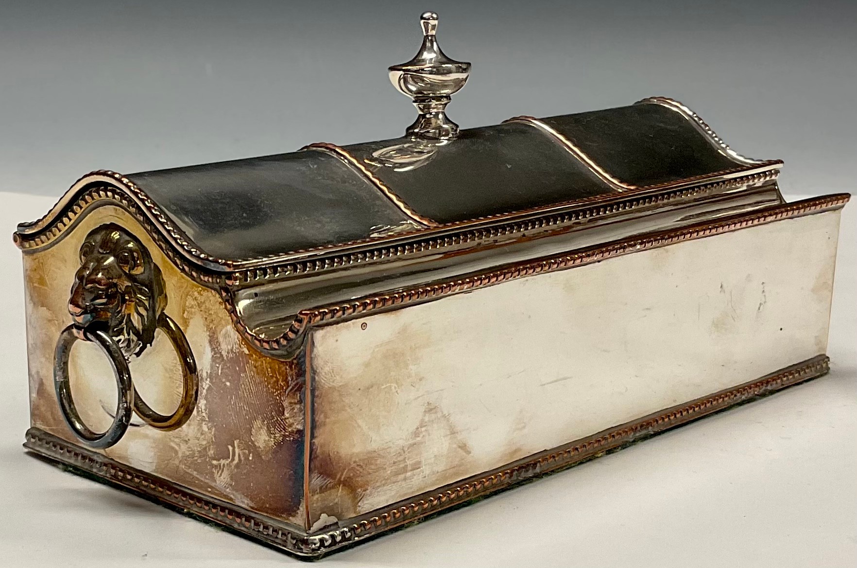 A George III Old Sheffield Plate treasury inkstand, hinged serpentine cover with urnular finial, - Image 6 of 7
