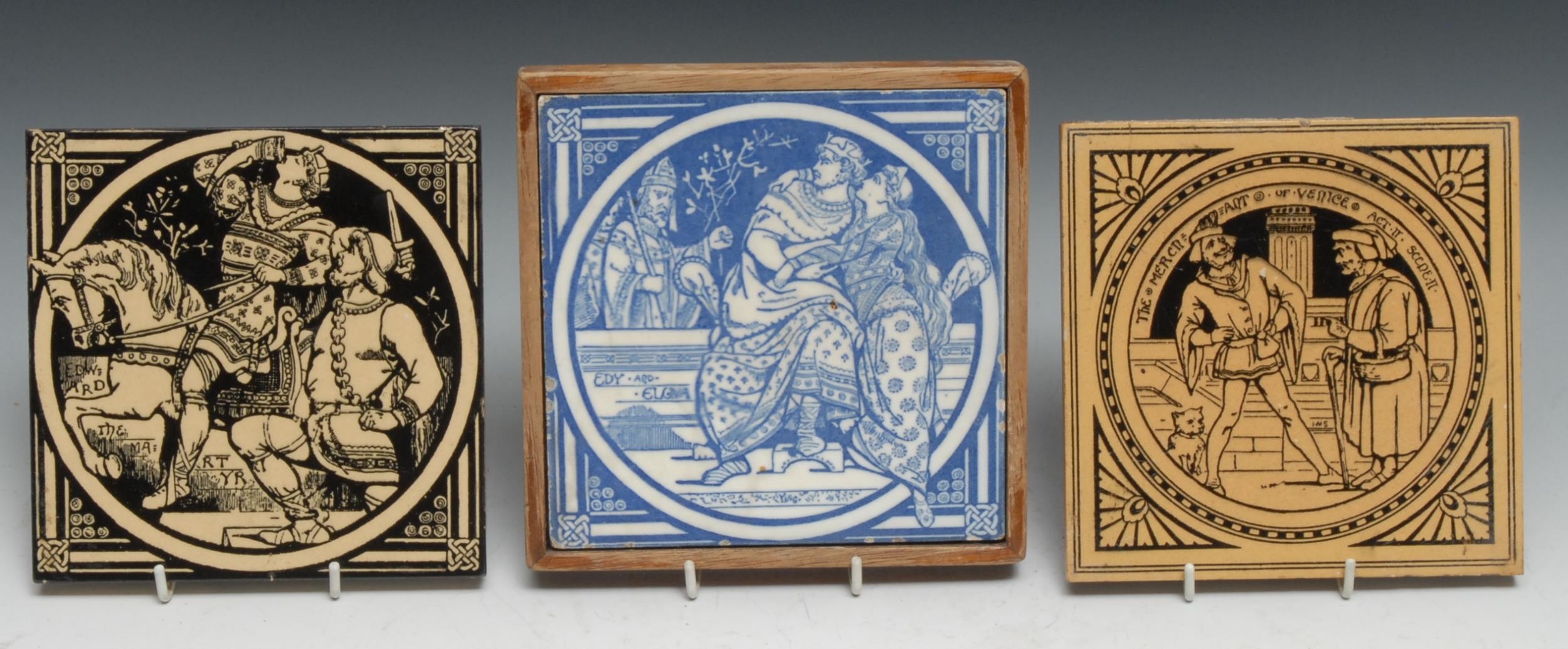 A Minton tile, designed by John Moyr Smith, Edward the Martyr, 15cm square; another, The Merchant of