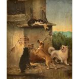English School (19th century) The Upper Hand, A Cat Taunts Three Dogs From the Safety of a Ledge oil