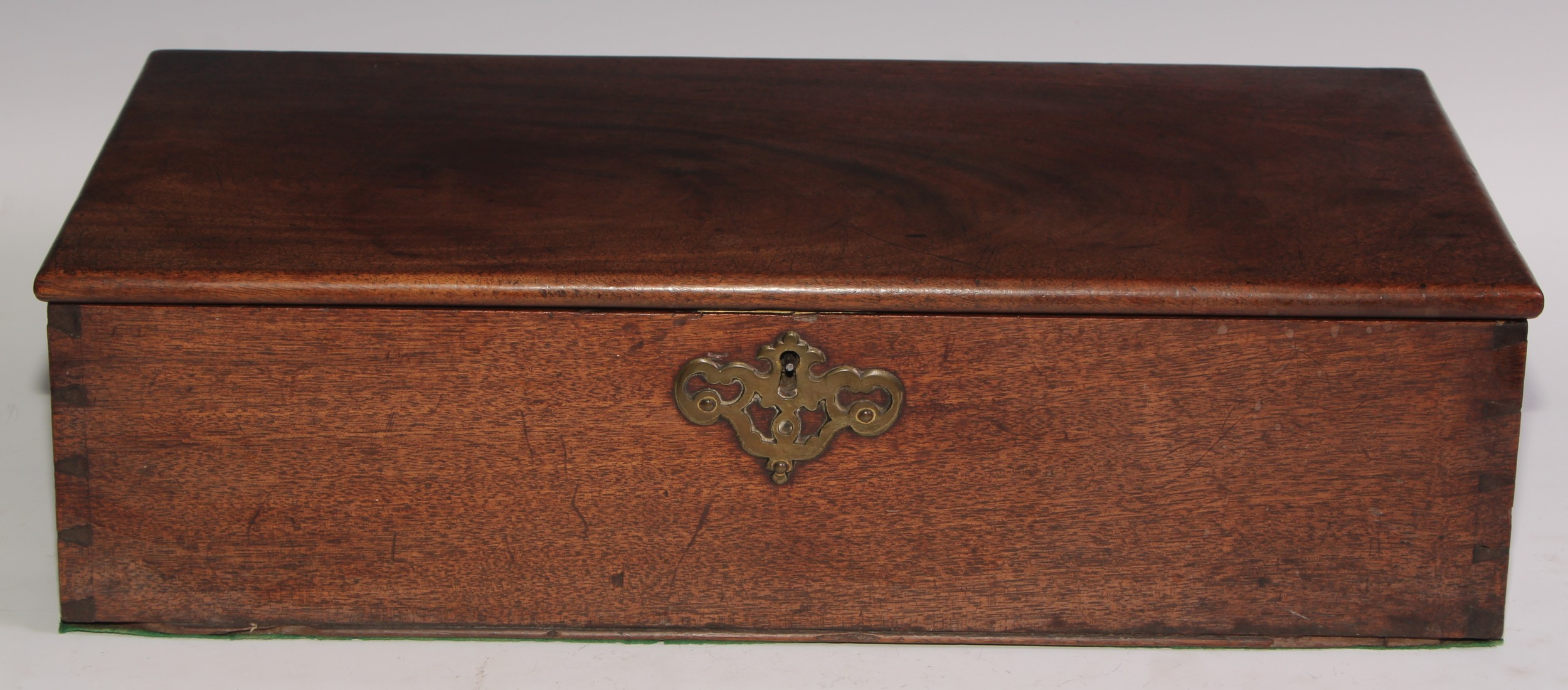 A George III mahogany rectangular document box, hinged cover, brass swan neck carrying handles and