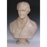 A 19th century plaster library bust, of a gentleman, wearing an order, socle base, 74cm high