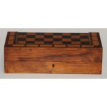 A George III rosewood and parquetry rectangular games box, hinged cover inlaid for chess and