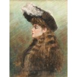 Emily Mitchell (Active 1870's - 1890's) Portrait of a Young Girl in a Feather Bonnet signed, pastel,