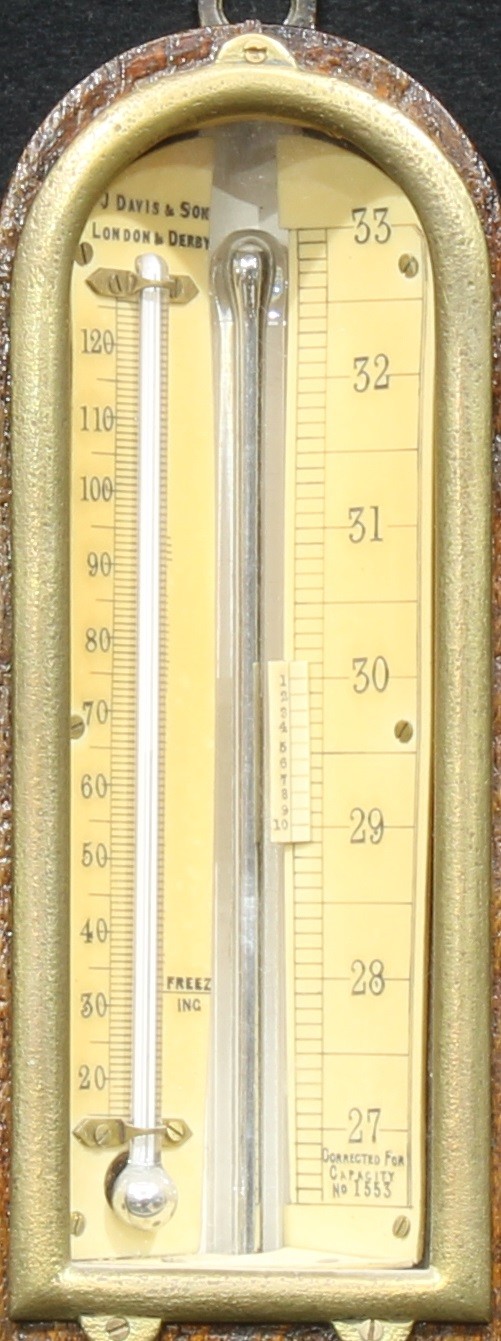 A 19th century oak stick barometer, J. Davis & Son, London & Derby, subsidiary thermometer, 93.5cm - Image 2 of 2