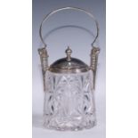 A Secessionist E.P.N.S mounted cut glass biscuit box, arched handle springing from griffin crested