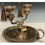 An unusual Regency Old Sheffield Plate two-light double chamberstick, campana sconces, gadrooned