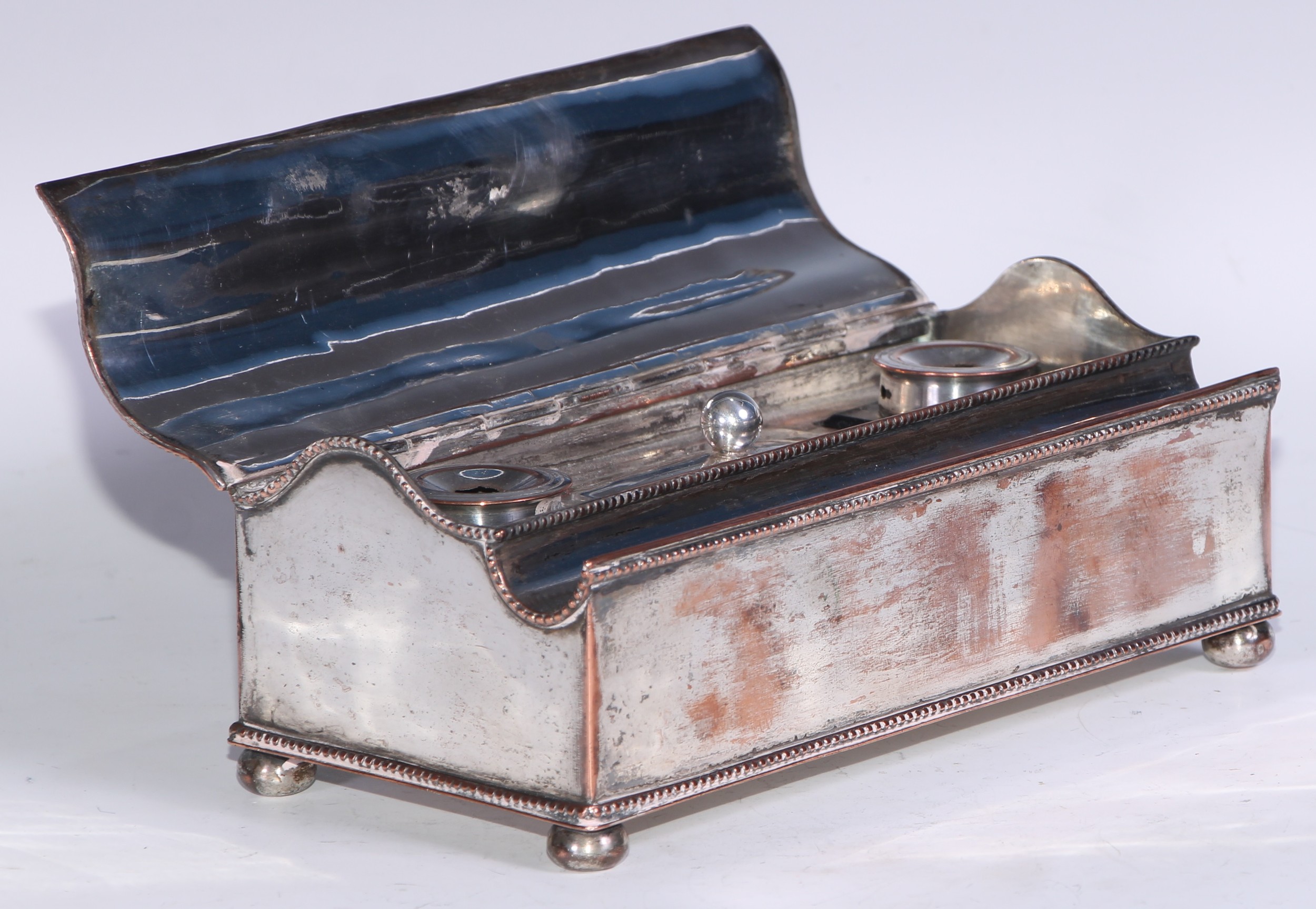 A George III Old Sheffield Plate treasury inkstand, hinged serpentine cover with Neo-Classical urn - Image 3 of 6