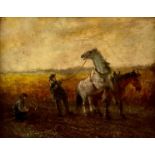 ** Martin? On Strike, a Ploughman Struggling with His Horse indistinctly signed, oil on panel, 17.