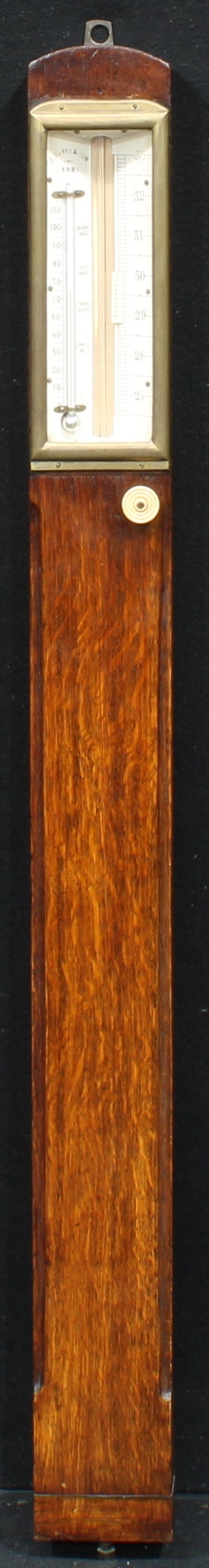 A 19th century oak stick barometer, J. Davis & Son, Derby, subsidiary thermometer, 96.5cm high